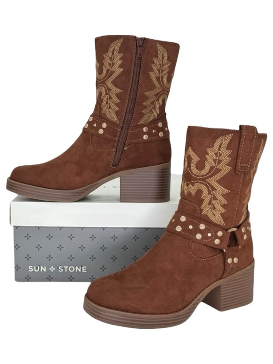 Sun + Stone Shoes - Sun + Stone Norahh Brown Microsuede Embroidered Womens Ankle Boots Size 8M